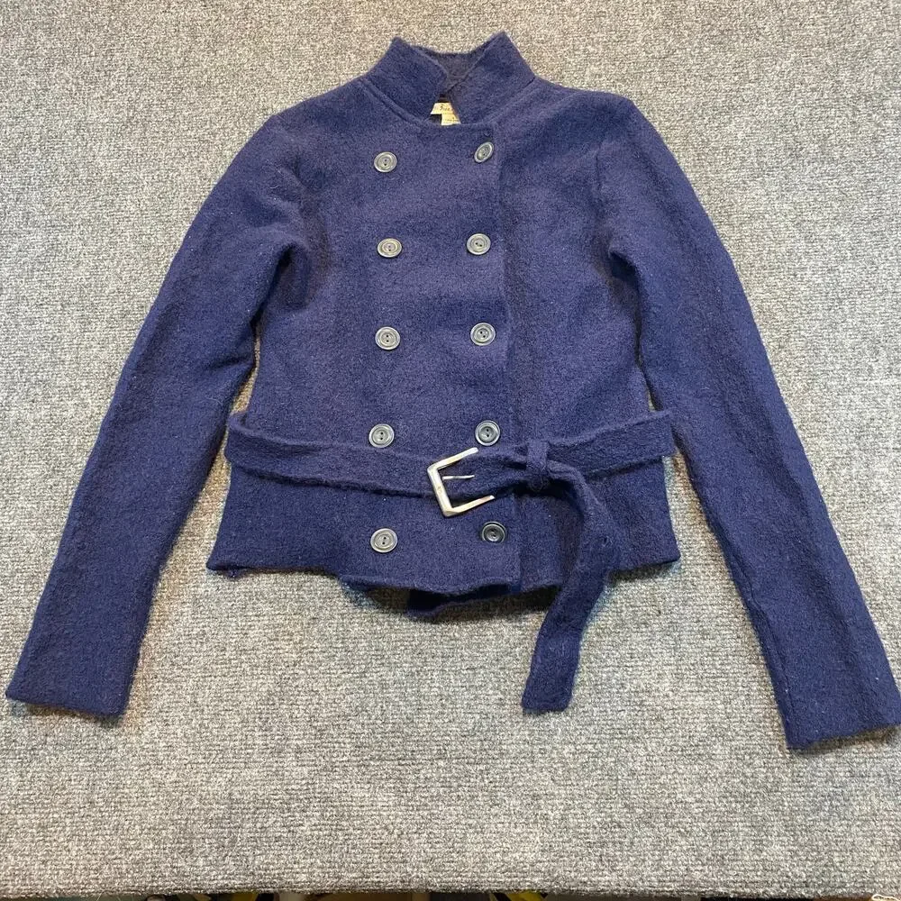 Free People Women Large Double Breasted Sweater Jacket Button Belted Wool Boho